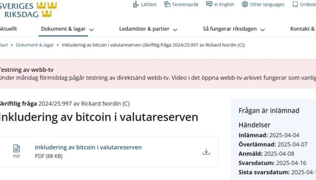 Sveriges valutareserv att inkludera Bitcoin